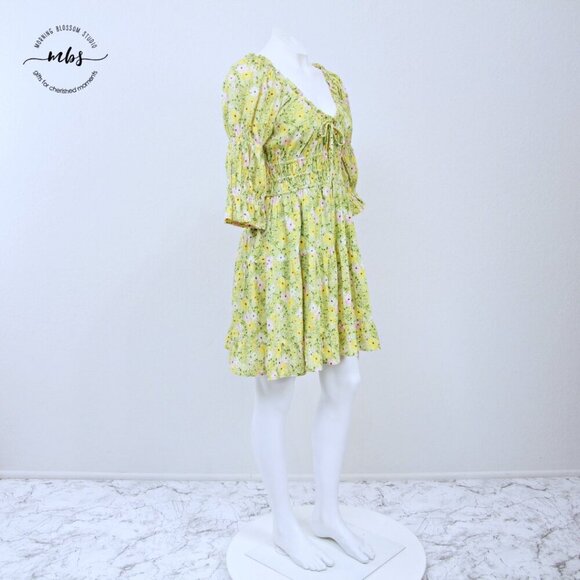 Rahi Milly Smock Floral Scoop Neck Mini Dress Green Yellow Women M - Picture 5 of 15